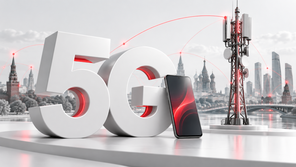 Иллюстрация запуска 5G в России: смартфон, базовая станция и городской пейзаж