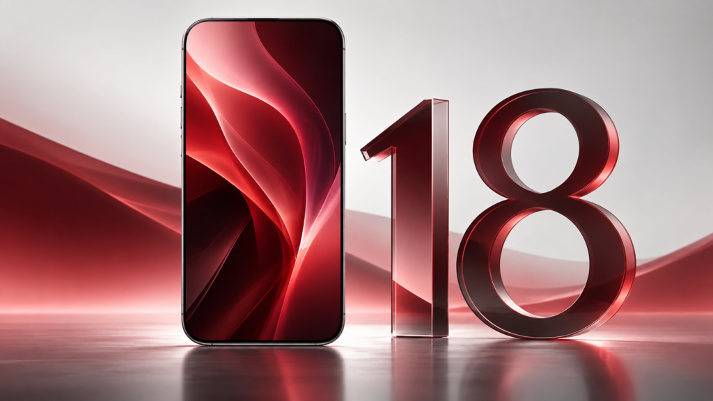 Айфон 18 — концептуальная иллюстрация смартфона и числа 18 в красных тонах